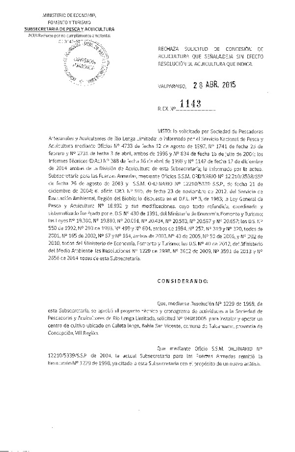Res. Ex. N° 1143-2015 Rechaza.