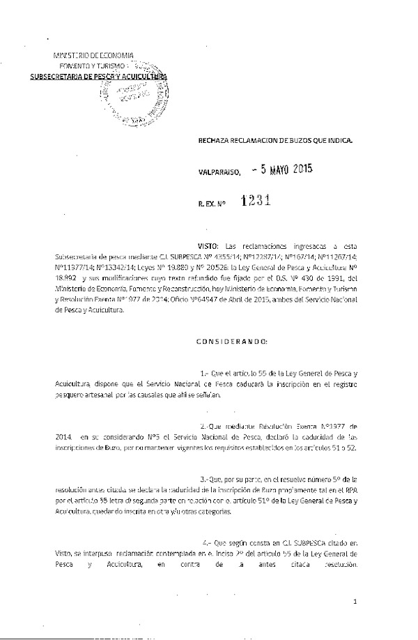 Res. Ex. N° 1231-2015 Rechaza Reclamaciones de Buzos que Indica.