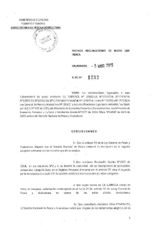 Res. Ex. N° 1232-2015 Rechaza Reclamaciones de Buzos que Indica.
