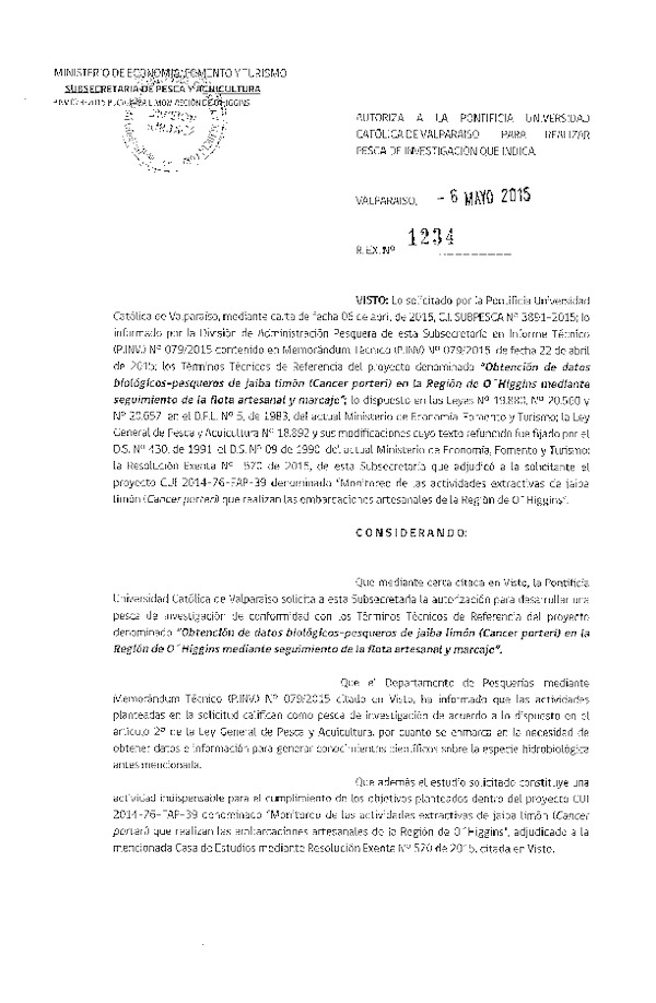 Res. Ex. N° 1234-2015 Obtención de datos biológicos-pesqueros de Jaiba Limon, VI Región.