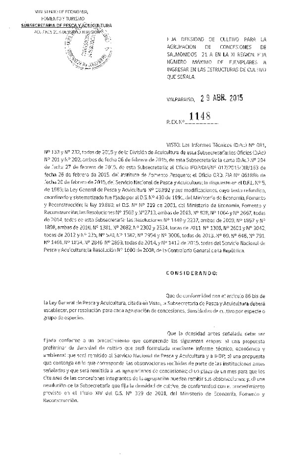 Res. Ex. N° 1148-2015 Fija densidad de cultivo para la Agrupación de concesión de Salmonidos 21 A XI Región. (F.D.O. 07-05-2015)