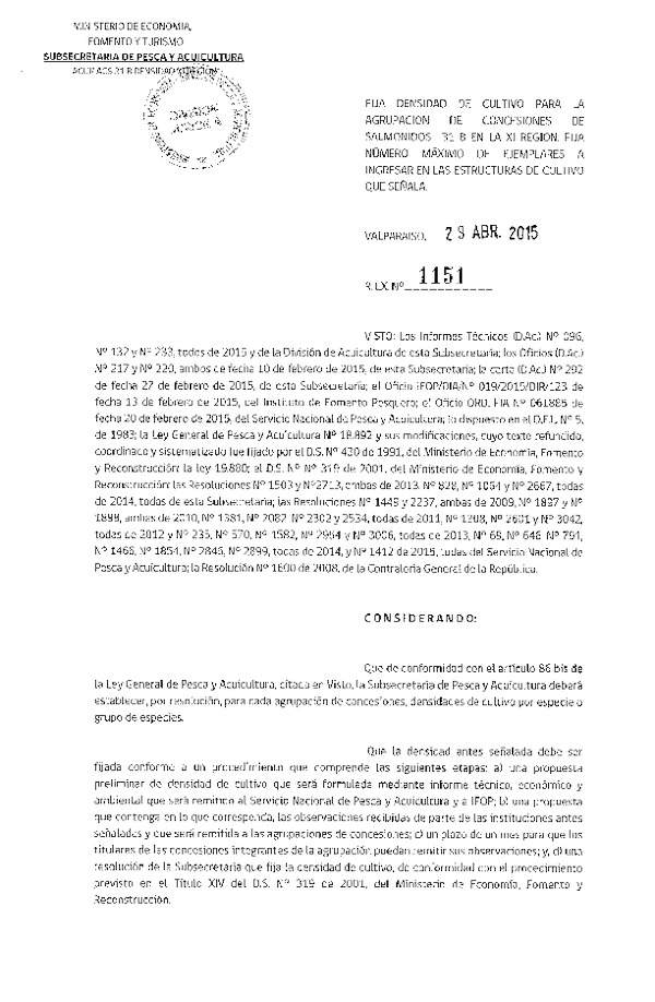 Res. Ex. N° 1151-2015 Fija densidad de cultivo para la Agrupación de concesión de Salmonidos 31 B XI Región. (F.D.O. 07-05-2015)
