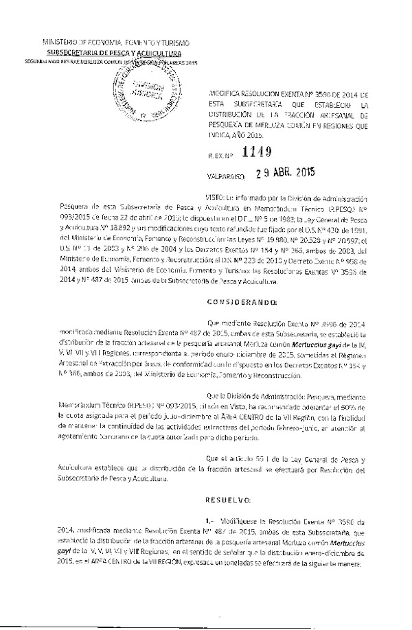 Res. Ex. N° 1149-2015 Modifica Res. Ex. N° 3596-2014 Distribución de la Fracción Artesanal de Pesquería de Merluza común, IV, V, VI, VII y VIII Regiones. (F.D.O. 07-05-2015)