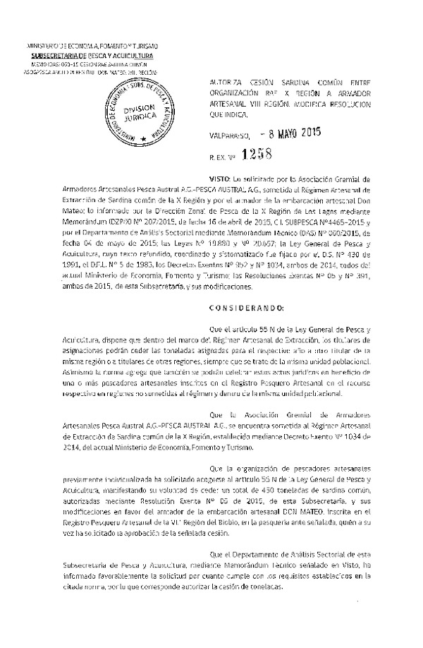 Res. Ex. N° 1258-2015 Autoriza cesión sardina común VIII Región.
