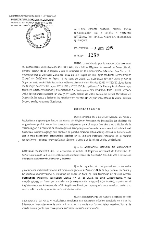 Res. Ex. N° 1259-2015 Autoriza cesión sardina común VIII Región.