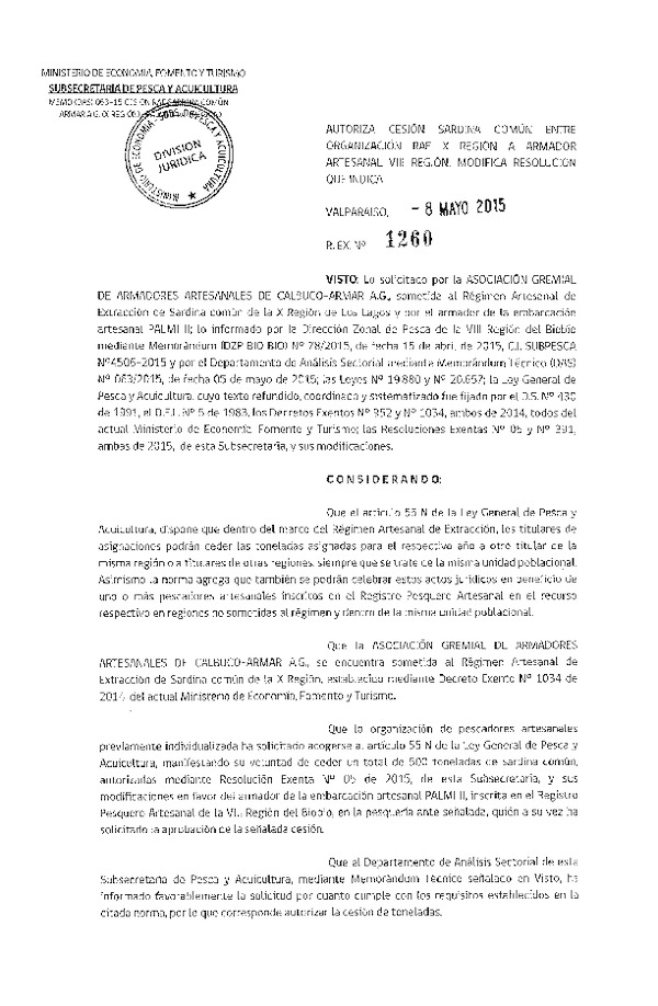 Res. Ex. N° 1260-2015 Autoriza cesión sardina común VIII Región.