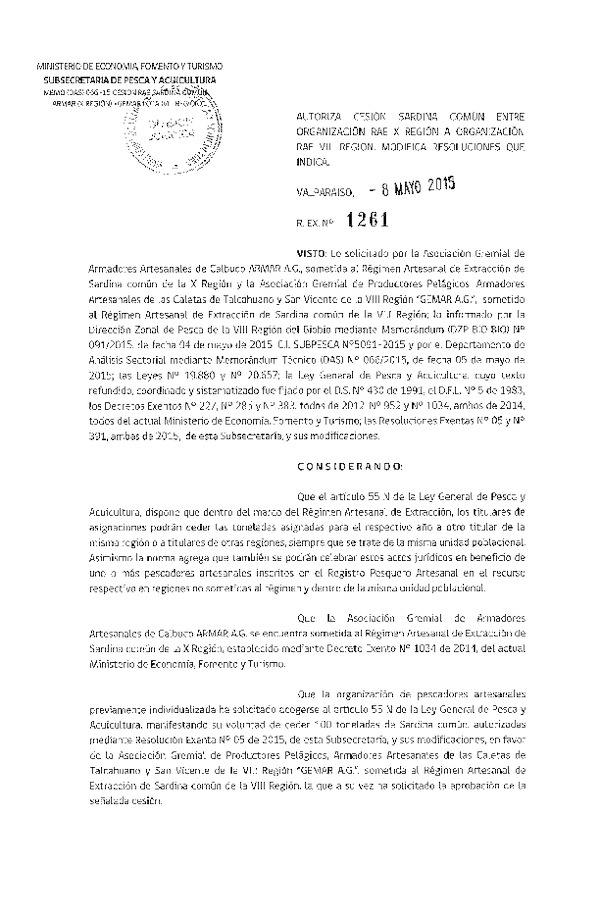 Res. Ex. N° 1261-2015 Autoriza cesión sardina común VIII Región.