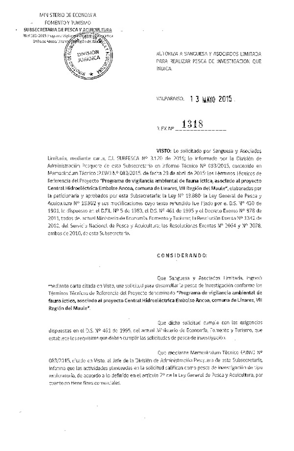 Res. Ex. N° 1318-2015 Programa de vigilancia ambiental fauna íctica Embalse Ancoa, Linares, VII Región.