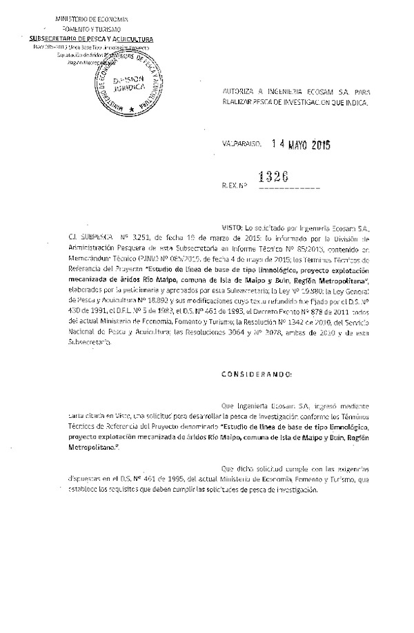 Res. Ex. N° 1326-2015 Estudio de línea base de tipo limnológico, proyecto explotación mecanizada de áridos Río Maipo, Región Metropolitana.