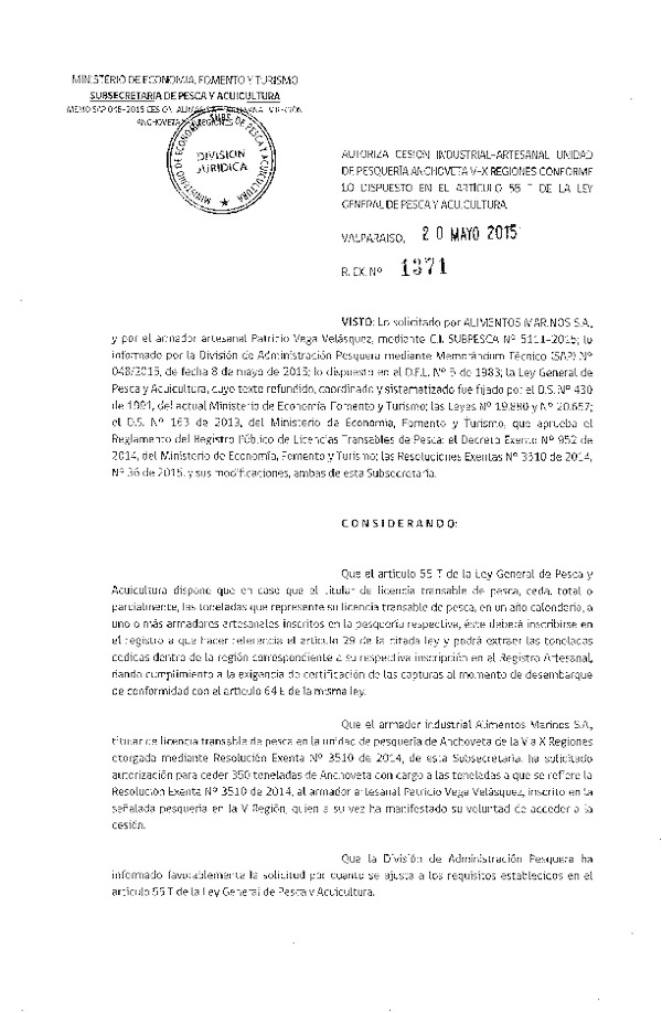 Res. Ex. N° 1371-2015 Autoriza cesión Anchoveta, V Región.