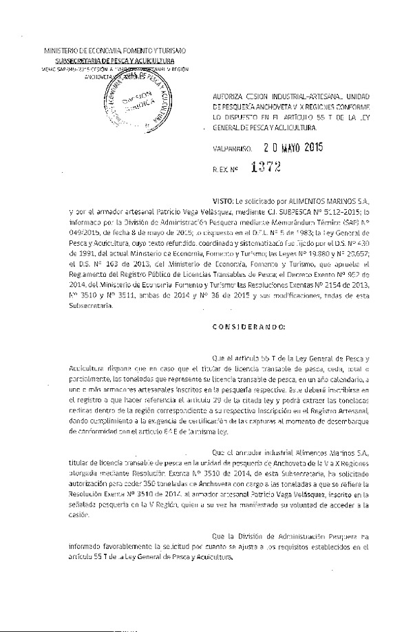 Res. Ex. N° 1372-2015 Autoriza cesión Anchoveta, V Región.