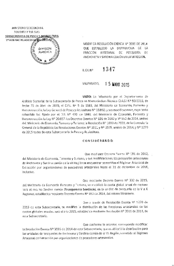 Res. Ex. N 1347-2015 Modifica Res. Ex. N° 3595-2014 Distribución de la Fracción Artesanal de la Cuota Anual de Captura Anchoveta y Sardina común, VII Región. (F.D.O. 26-05-2015)