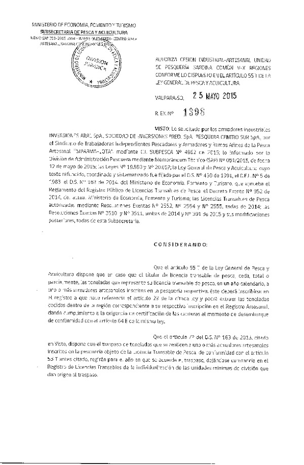 Res. Ex. N° 1398-2015 Autoriza cesión Sardina común V-X Región.