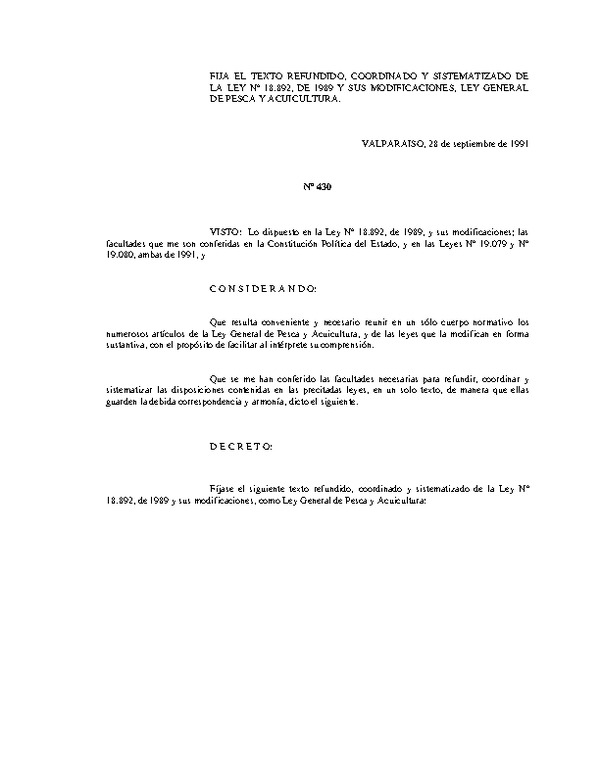Ley General de Pesca y Acuicultura (Texto Actualizado Incorpora Modificación Ley N° 21.651)