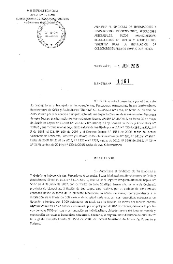 Res. Ex. N° 1461-2015 INSTALACION DE COLECTORES.