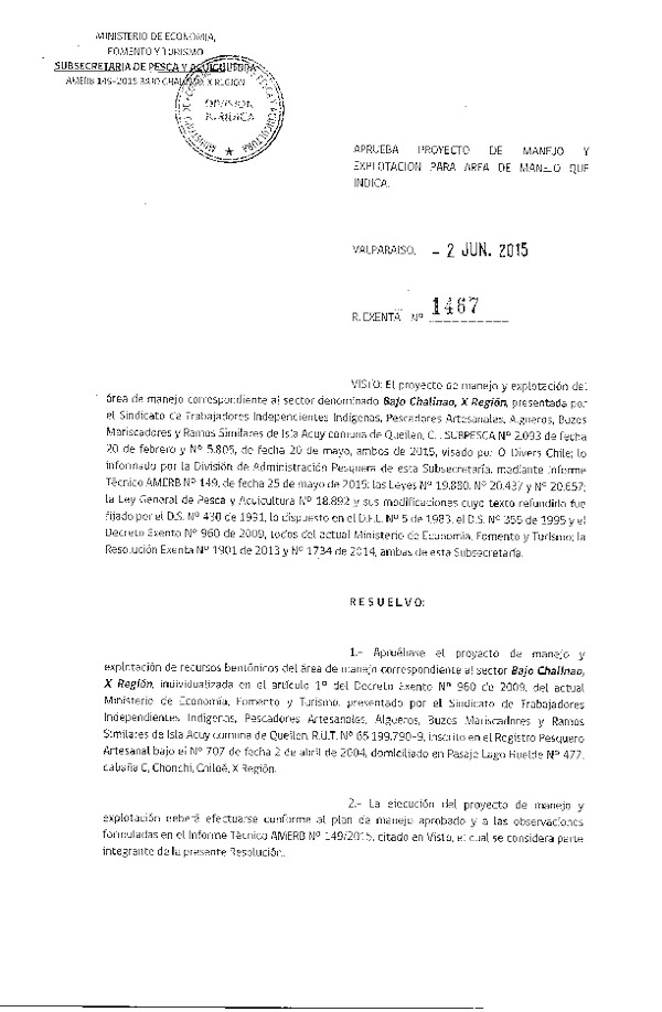 Res. Ex. N° 1467-2015 PROYECTO DE MANEJO.