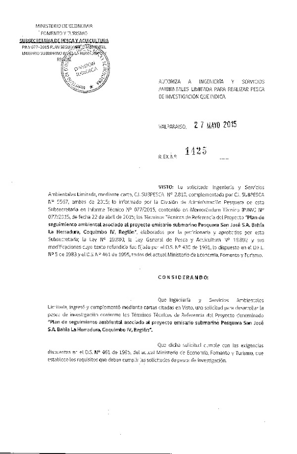 Res. Ex. N° 1425-2015 Plan de seguimiento ambiental asociado al proyecto emisario submarino, Bahía La Herradura, Coquimbo, IV Región.
