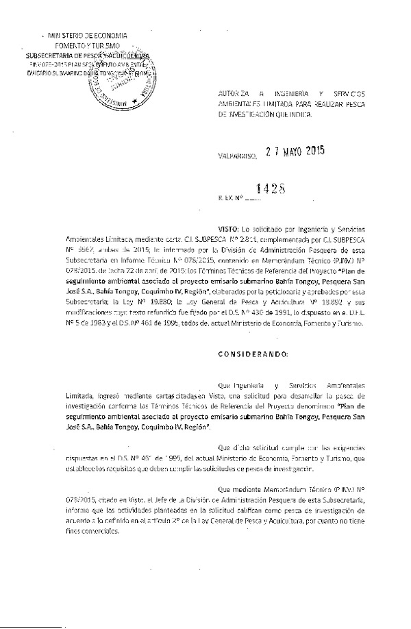 Res. Ex. N° 1428-2015 Plande seguimiento ambiental asociado al proyecto emisario submarino Bahía Tongoy, Coquimbo, IV Región.
