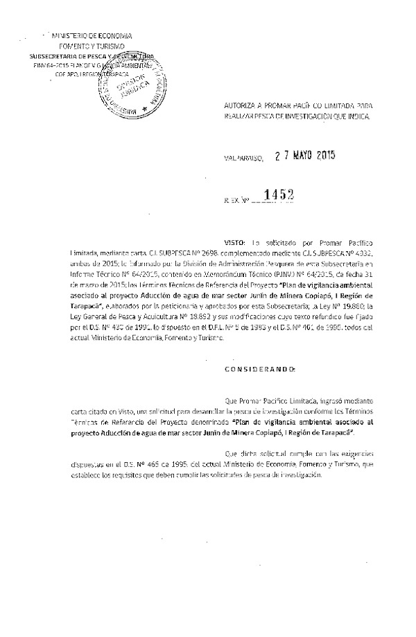 Res. Ex. N° 1452-2015 Plan de vigilancia ambiental asociado al proyecto Aducción de agua de mar sector Junín de minera Copiapó, I Región.