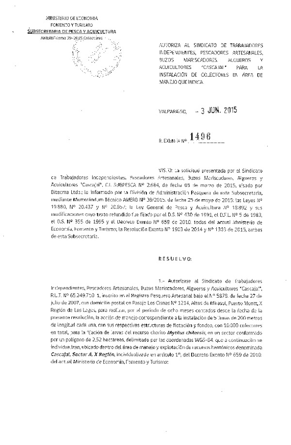 Res. Ex. N° 1496-2015 INSTALACION DE COLECTORES.