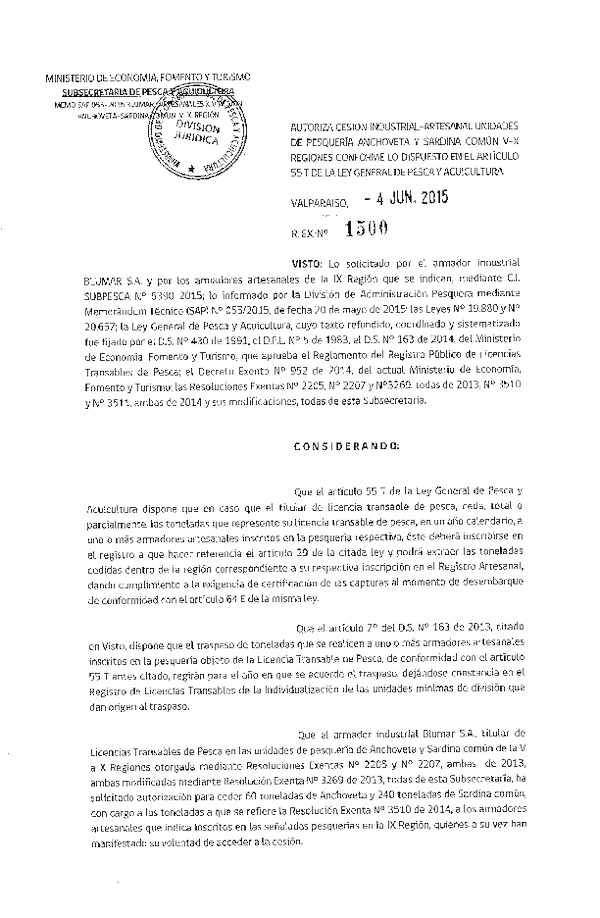 Res. Ex. N° 1500-2015 Autoriza cesión anchoveta y sardina común V-X Región.