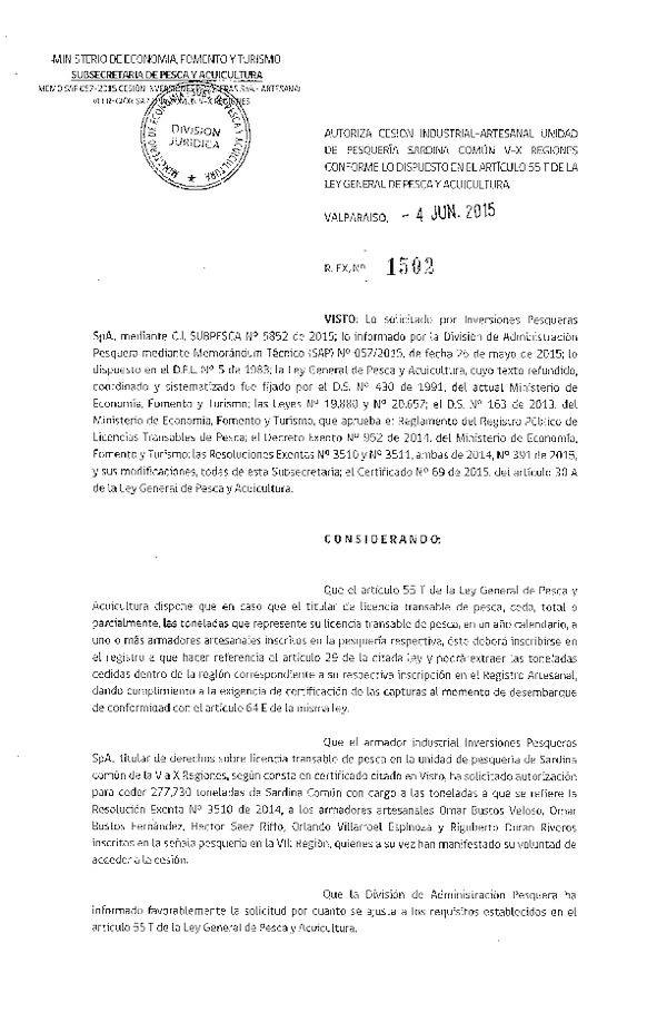 Res. Ex. N° 1502-2015 Autoriza cesión anchoveta y sardina común VIII Región.