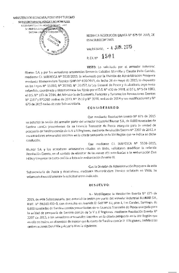 Res. Ex N° 1501-2015 Modifica Res. Ex. N° 675-2015 Autoriza Cesión Anchoveta y Sardina a XIV Región.