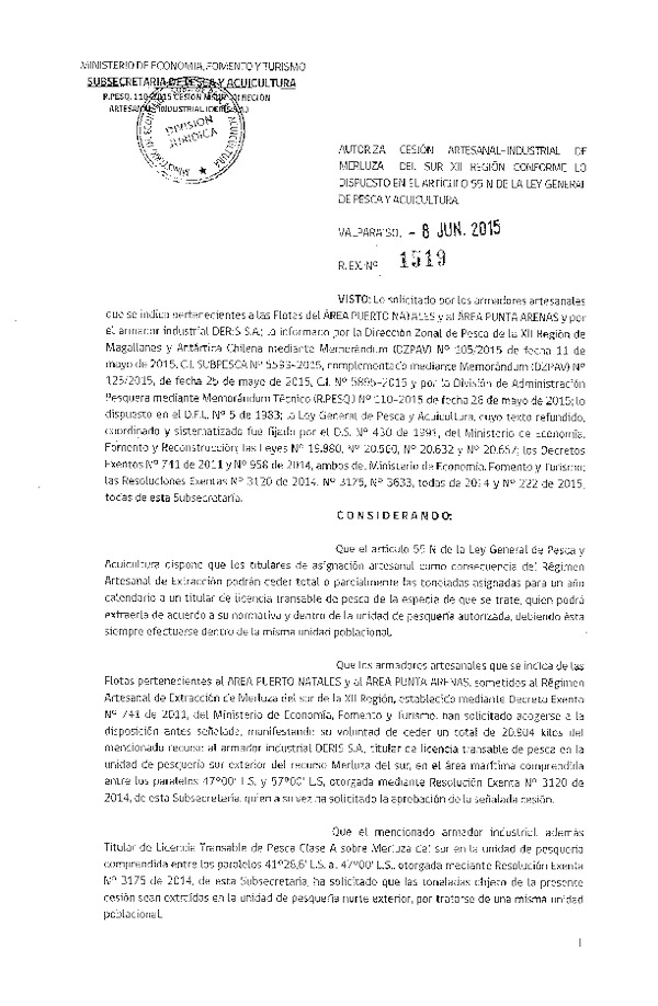Res. Ex. N° 1519-2015 Autoriza cesión Merluza del sur XII Región.
