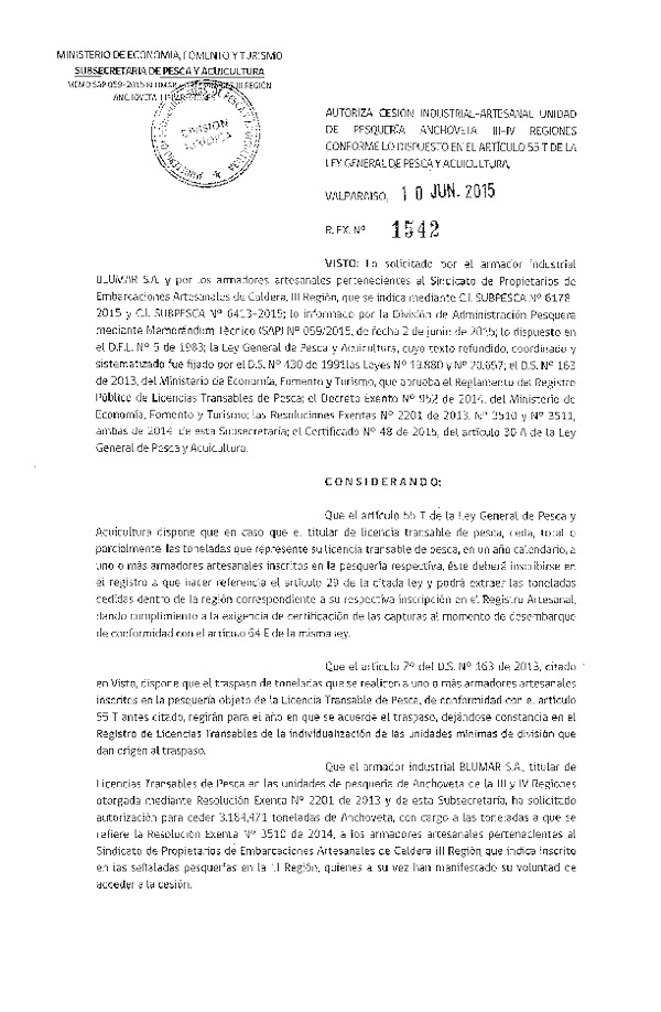 Res. Ex. N° 1542-2015 Autoriza cesión Anchoveta III-IV Regiones.