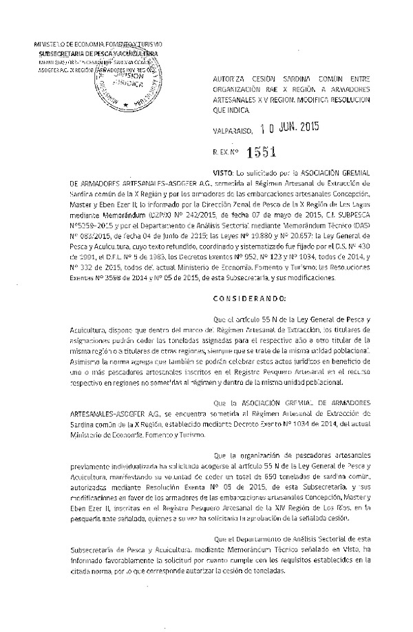 Res. Ex N° 1551-2015 Autoriza Cesión Sardina común, X a XIV Región.