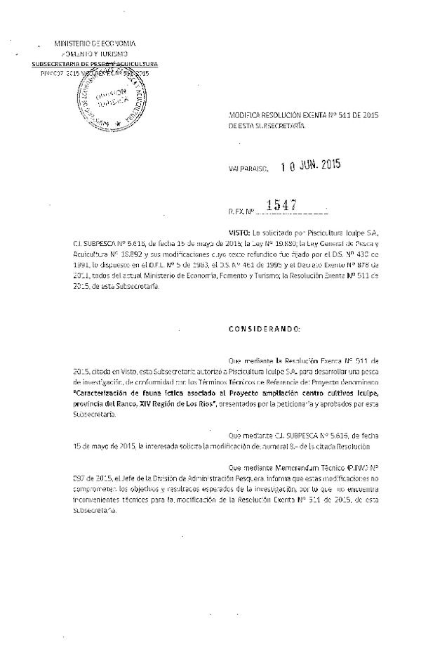 Res. Ex. N° 1547-2015 Modifica Res. Ex. n° 511-2015 Caracterización de fauna íctica provician de Ranco, XIV Región.
