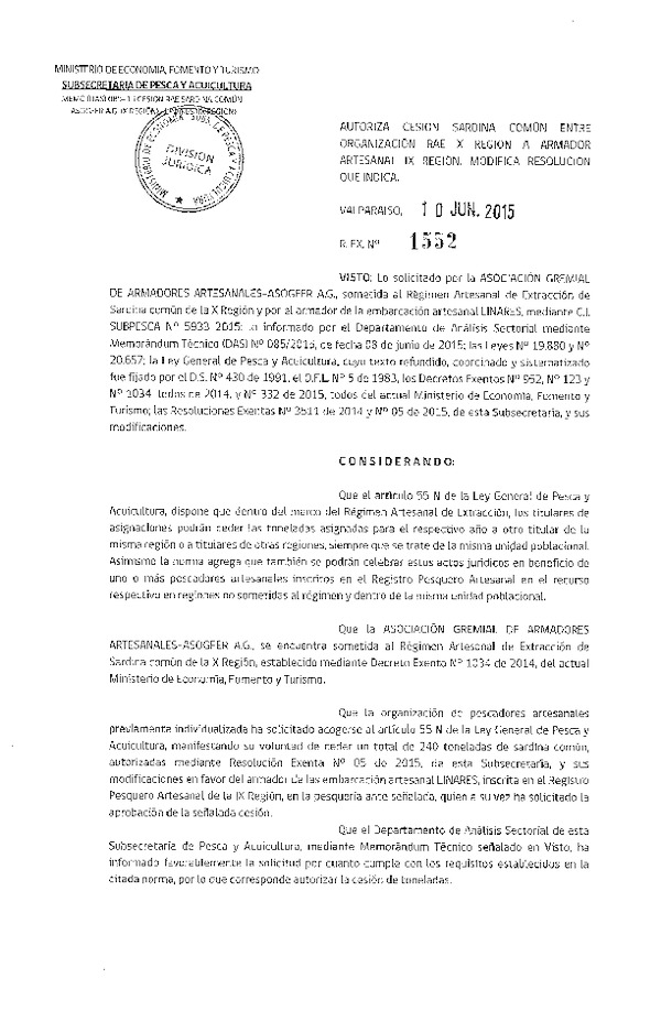 Res. Ex N° 1552-2015 Autoriza Cesión Sardina común, X a IX Región.