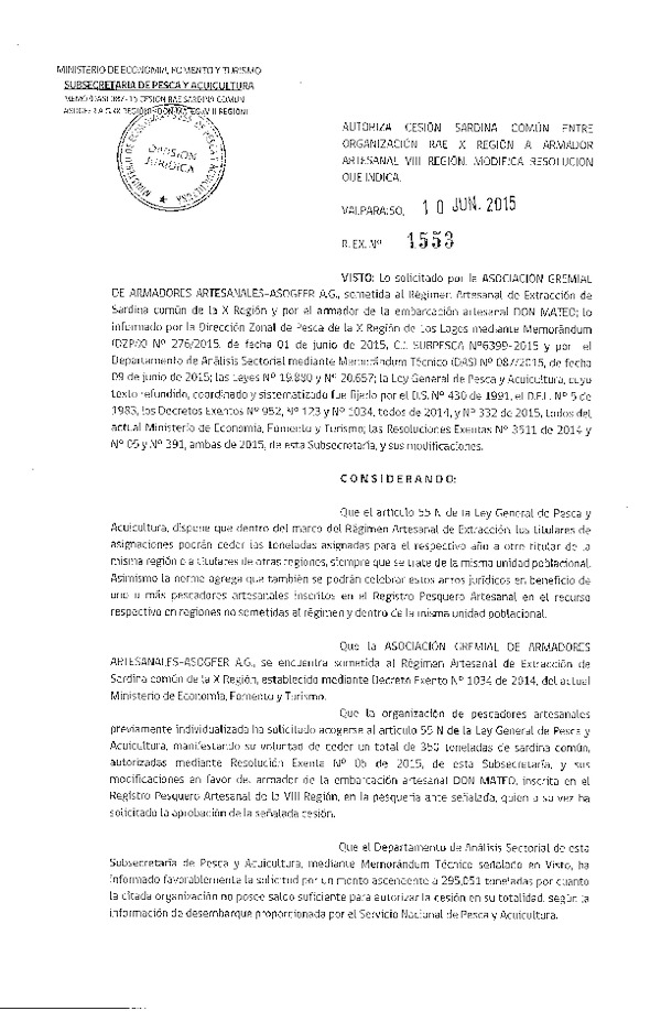 Res. Ex N° 1553-2015 Autoriza Cesión Sardina común, X a VIII Región.