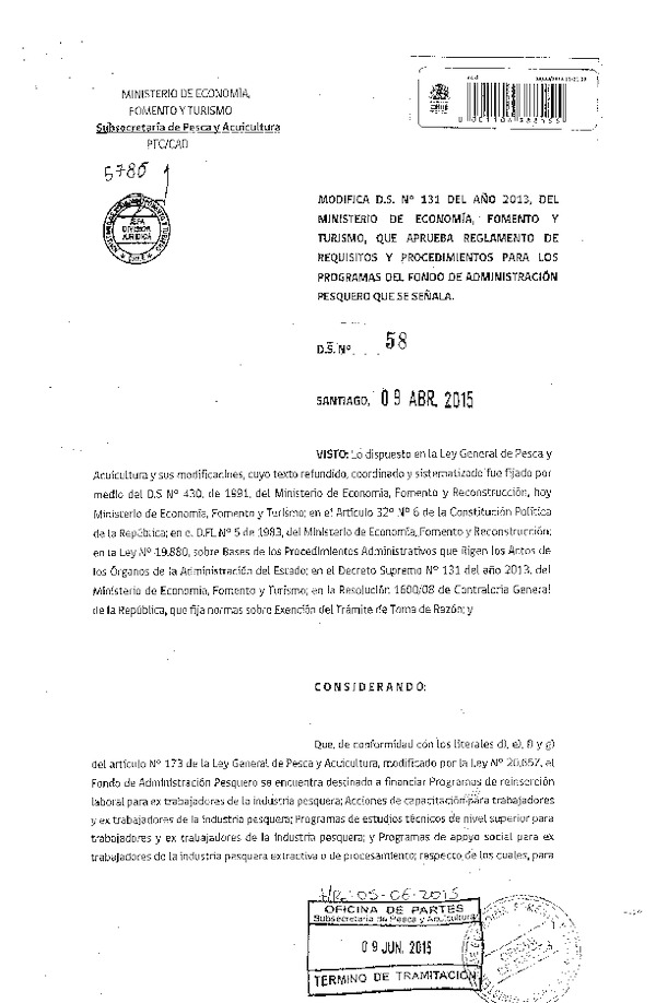 D.S. N° 58-2015 Modifica D.S. Nº 131-2013, Aprueba Reglamento de Requisitos y Procedimientos para los Programas del Fondo de Administración Pesuqero que señala. (F.D.O. 13-06-2015)