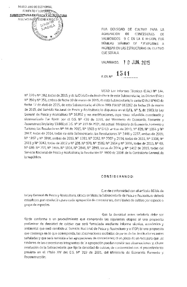 Res. Ex. N° 1541-2015 Fija densidad de cultivo para la agrupación de concesión de Salmónidos 9 C, X Región. (F.D.O. 16-06-2015)
