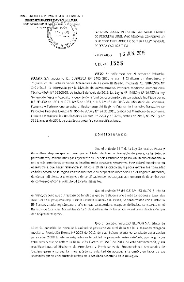 Res. Ex. N° 1559-2015 Autoriza cesión Jurel III Regiones.