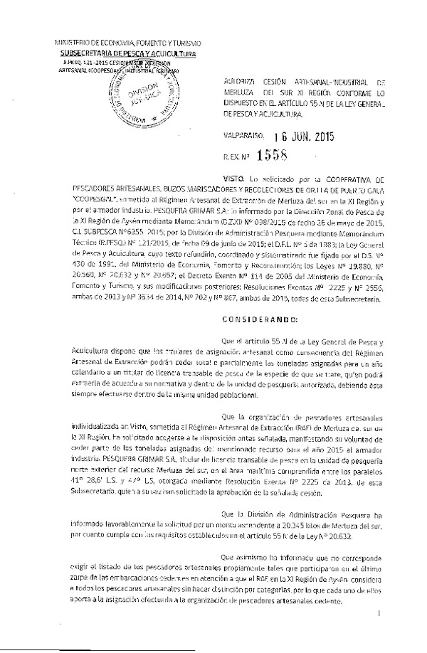 Res. Ex. N° 1558-2015 Autoriza cesión Merluza del sur XI Región.
