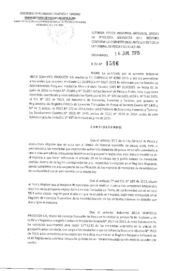 Res. Ex. N° 1566-2015 Autoriza cesión Anchoveta XV Región.