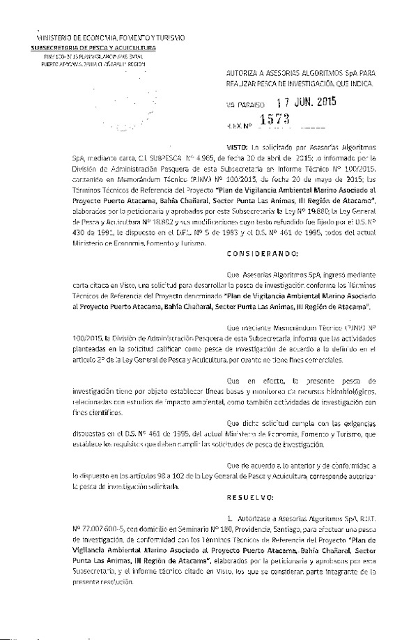 Res. Ex. N° 1573-2015 Plan de vigilancia ambiental marino asociado al Proyecto Puerto Atacama, III Región.