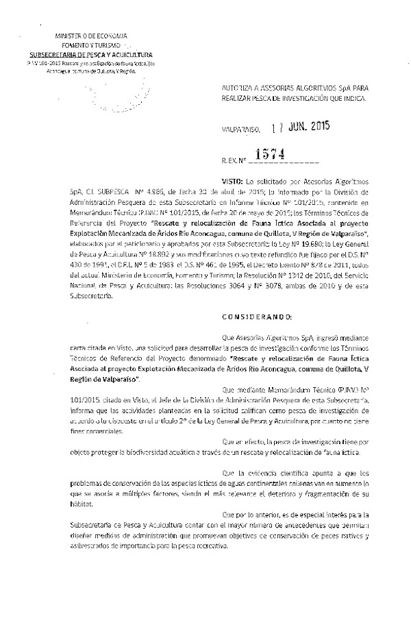 Res. Ex. N° 1574-2015 Rescate y relocalización de fauna íctica asociada al proyecto explotación mecanizada de áridos Río Aconcagua, V Región.