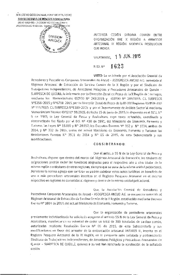 Res. Ex N° 1623-2015 Autoriza Cesión Sardina común, X a IX Región.
