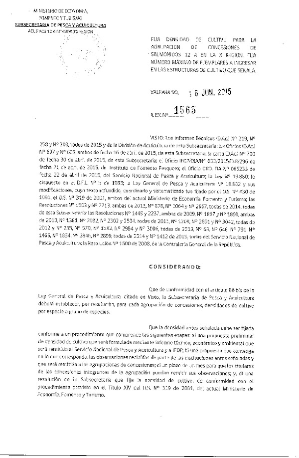 Res. Ex. N° 1565-2015 Fija densidad de cultivo para la agrupación de concesión de Salmónidos 12 A, X Región. (F.D.O. 23-06-2015)
