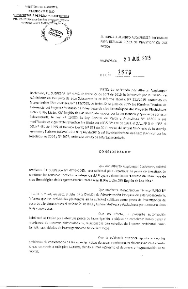 Res. Ex. N° 1679-2015 Estudio de línea base de tipo limnológico del proyecto Piscicultura Licán II, Río Licán, XIV Región de Los Ríos.