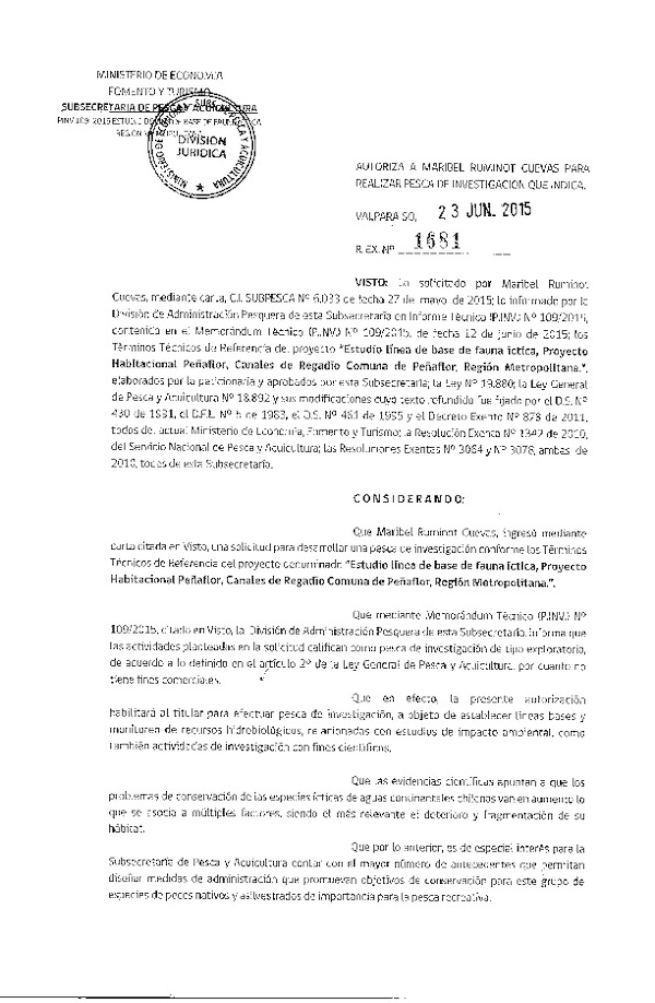 Res. Ex. N° 1681-2015 Estudio de línea base de fauna íctica, proyecto Habitacional Peñaflor, Región Metropolitana