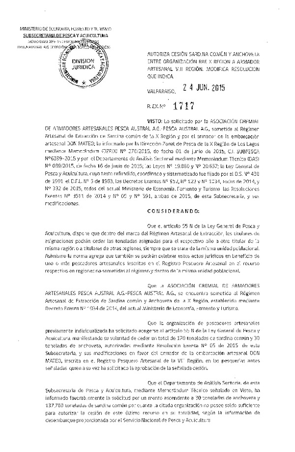 Res. Ex. N° 1717-2015 Autoriza cesión Sardina común y Anchoveta, X a VIII Región.
