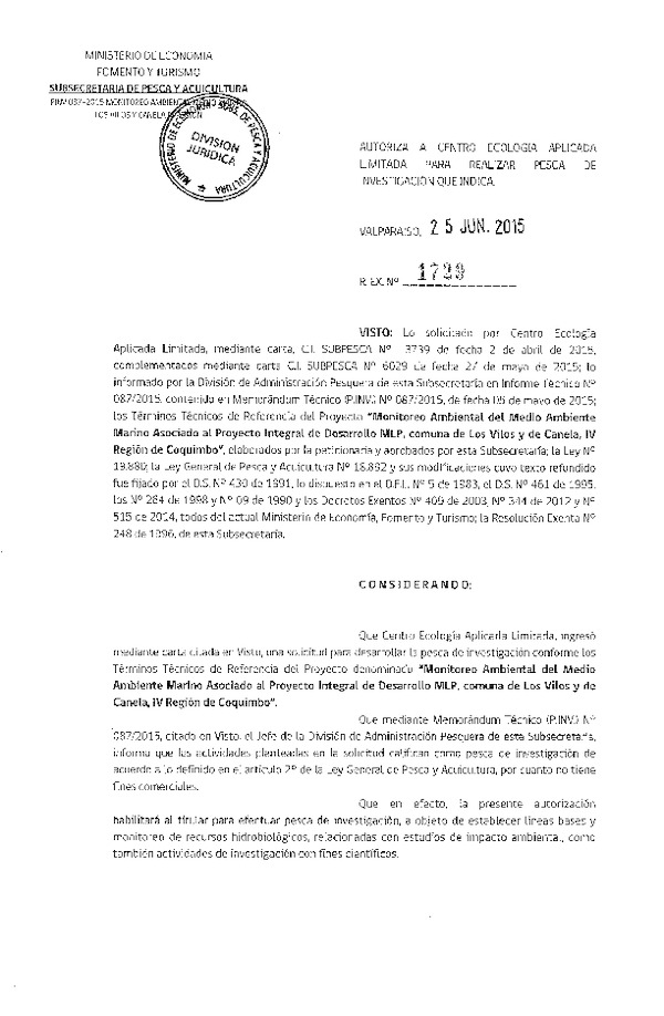 Res. Ex N° 1729-2015 Monitoreo ambiental del medio marino, proyecto integral de desarrollo DLP, Los Vilos y de Canela, IV Región.