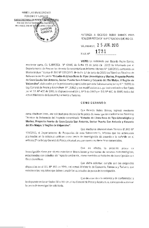 Res. Ex N° 1731-2015 Estudio de línea base de tipo limnológico, San Antonio y Estuario del Río Maipo, V Región.