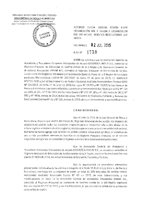 Res. Ex. N° 1759-2015 Autoriza cesión Sardina común X a VIII Región.