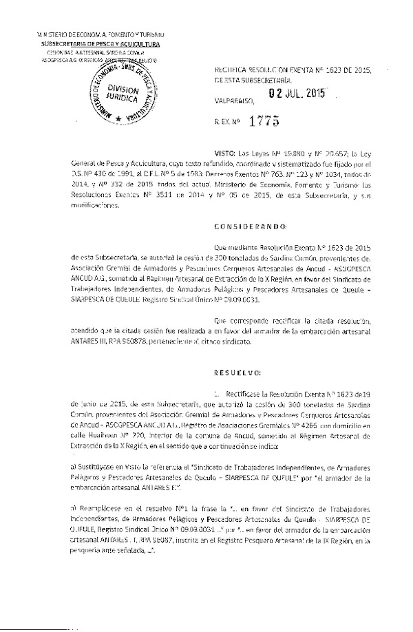 Res. Ex. N° 1775-2015 Rectifica Res. Ex N° 1623-2015 Autoriza Cesión Sardina común, X a IX Región.