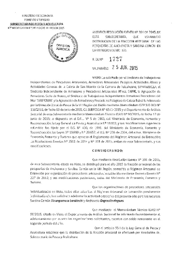 Res. Ex. N° 1727-2015 Modifica Res. Ex N° 391-2015 Distribución de la Fracción Artesanal de la Cuota de Captura Anchoveta y Sardina Común. VIII Región. (F.D.O. 06-07-2015)